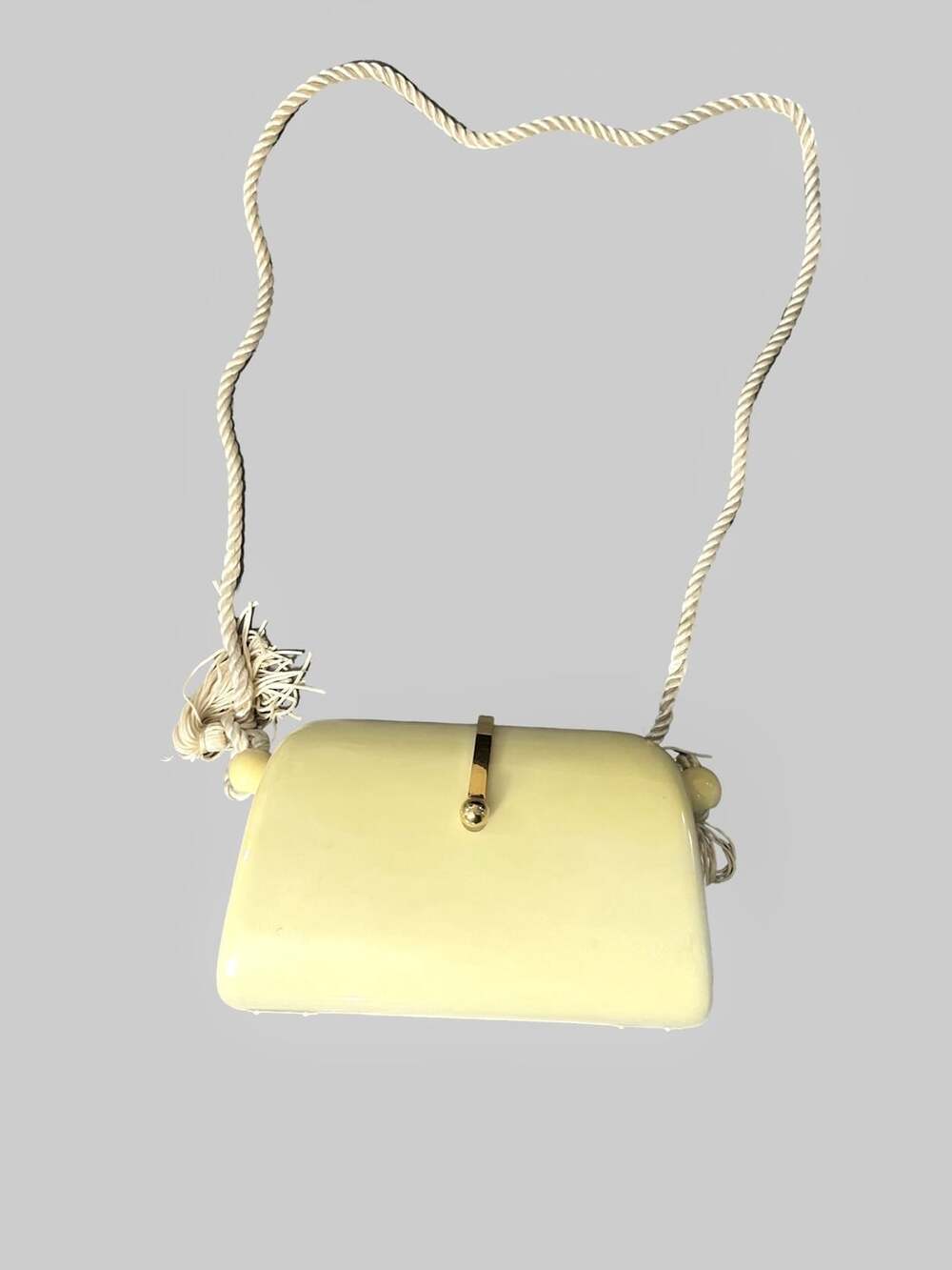 Vintage Cream Lucite Box Purse Minaudiere With Rope Strap and Tassels